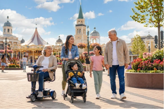 A smiling multigenerational family with a mobility scooter and a stroller walking through a sunny theme park plaza with a carousel in the background.